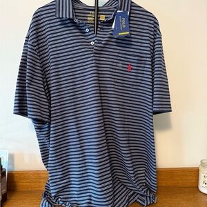 Polo Ralph Lauren Performance Blue & Grey Striped Polo Shirt, New w/ Tags, XXL